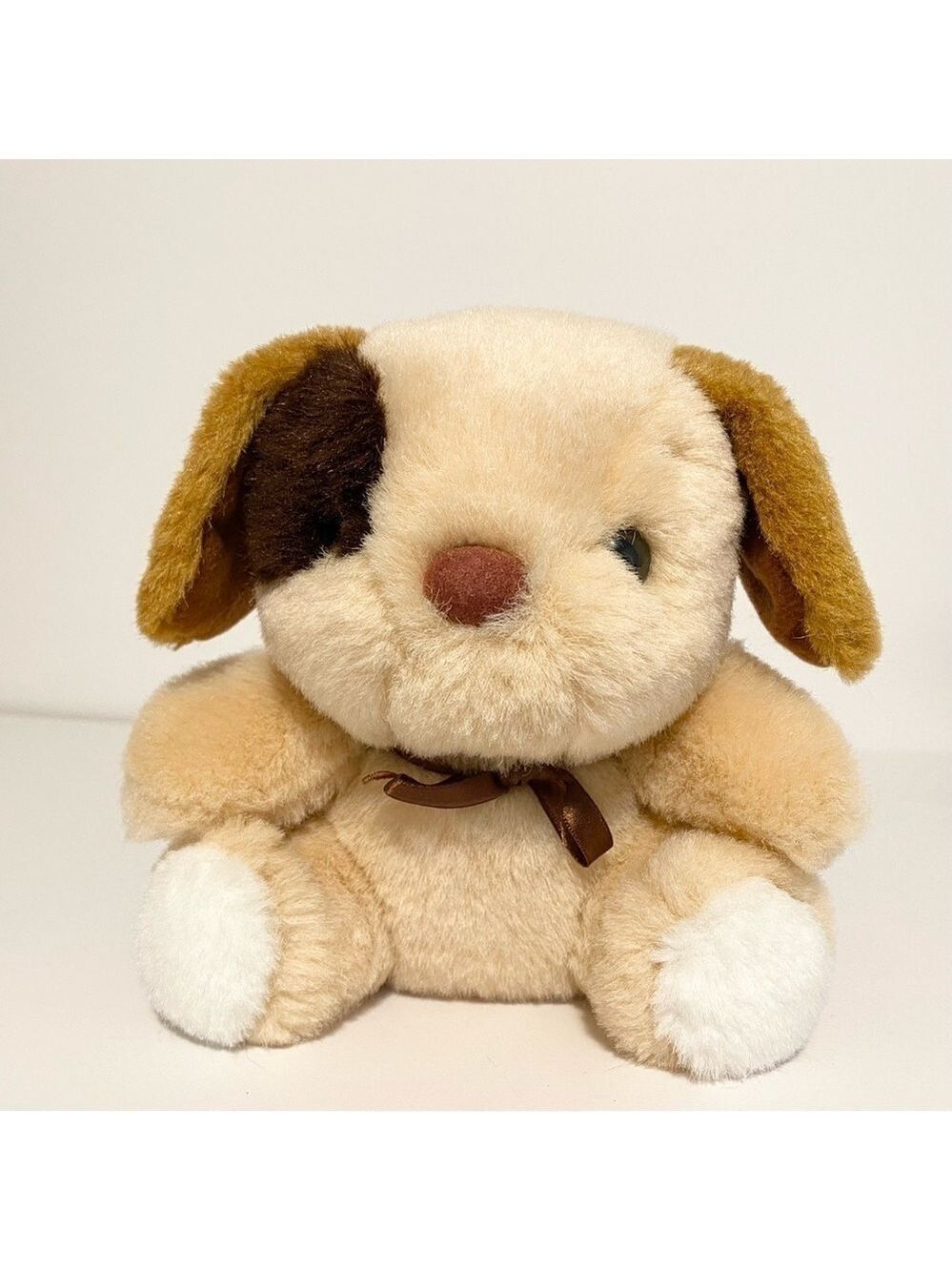 Vintage Puppy Dog Plush Tan Brown Eye Patch Ribbon Bow Velvet Nose Toy